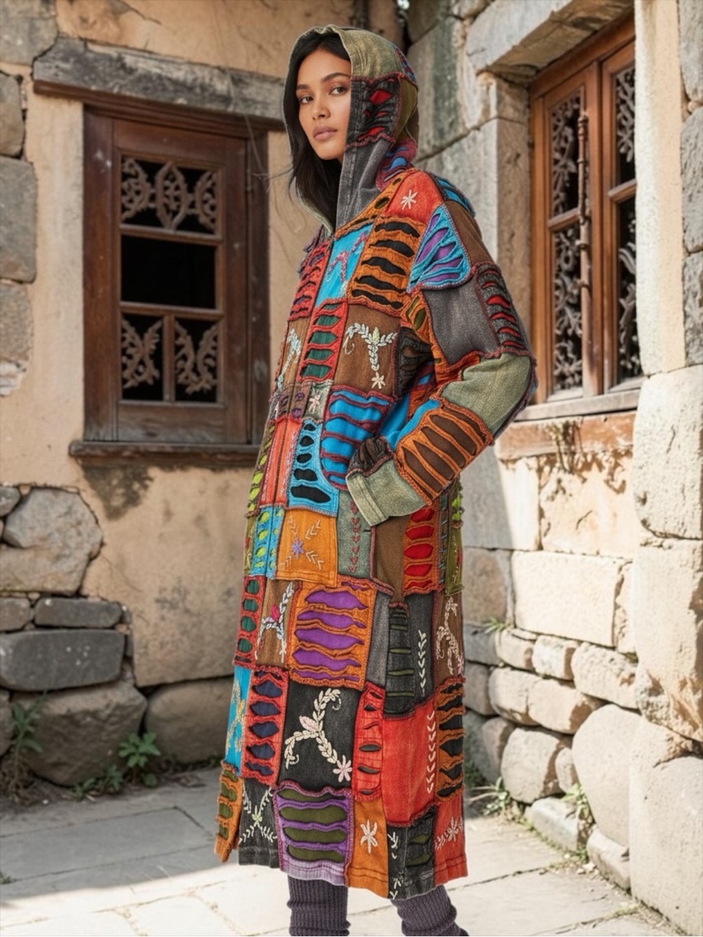 Vintage Hippie Boho Rising International Embroidered Full-Zip Hooded Jacket M